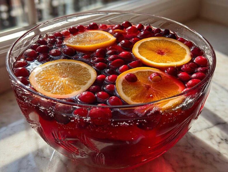Close-up of a large glass bowl filled with red thanksgiving punch, garnished with floating cranberries and bright orange slices.