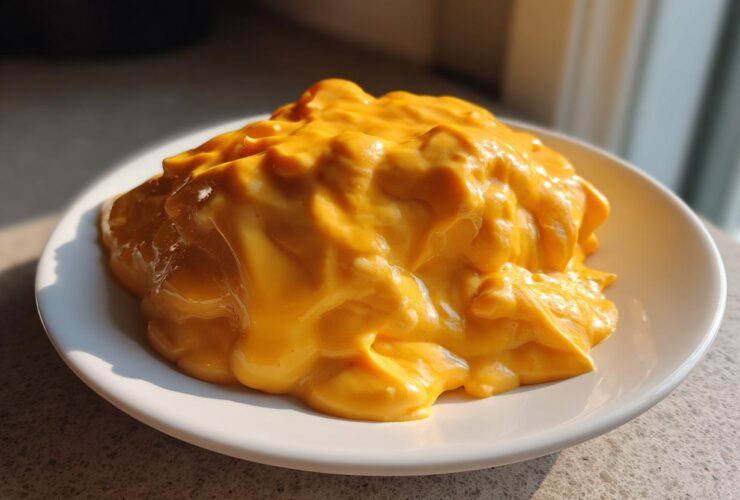 A generous mound of thick, bright orange nacho cheese sauce piled high on a small white plate, highlighted by sunlight.