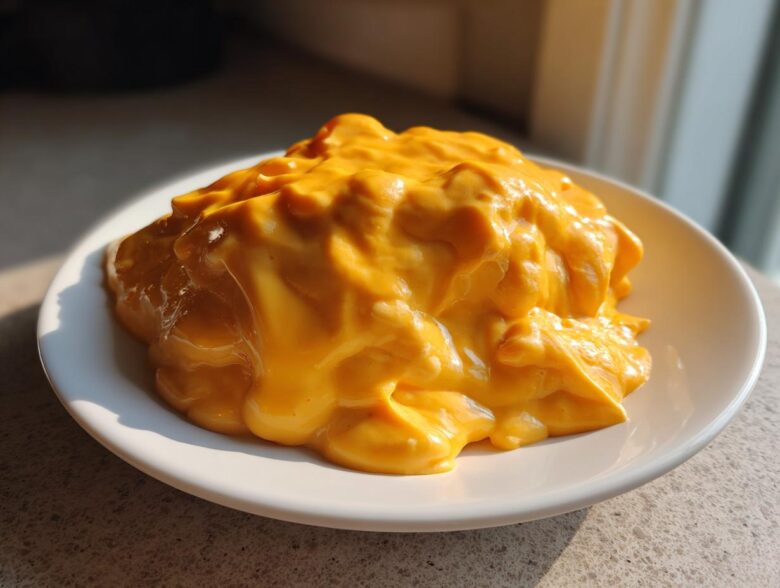 A generous mound of thick, bright orange nacho cheese sauce piled high on a small white plate, highlighted by sunlight.