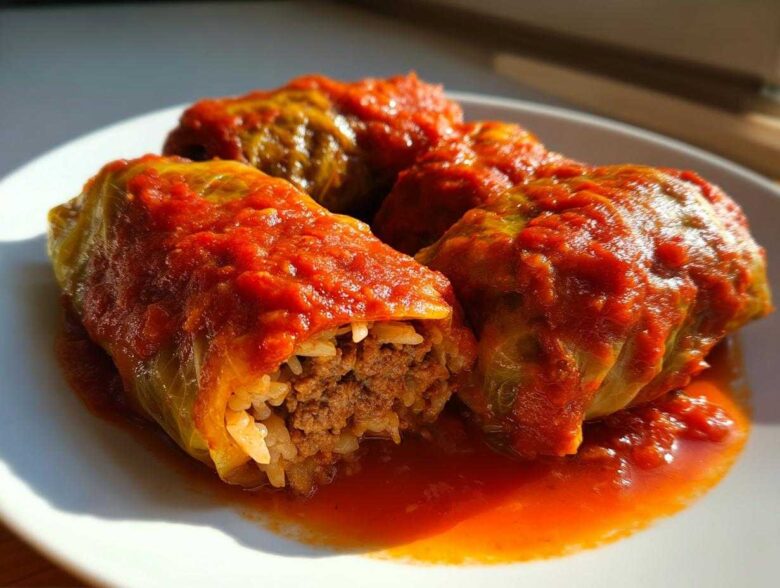 Three savory cabbage rolls stuffed with meat and rice, smothered in rich tomato sauce.