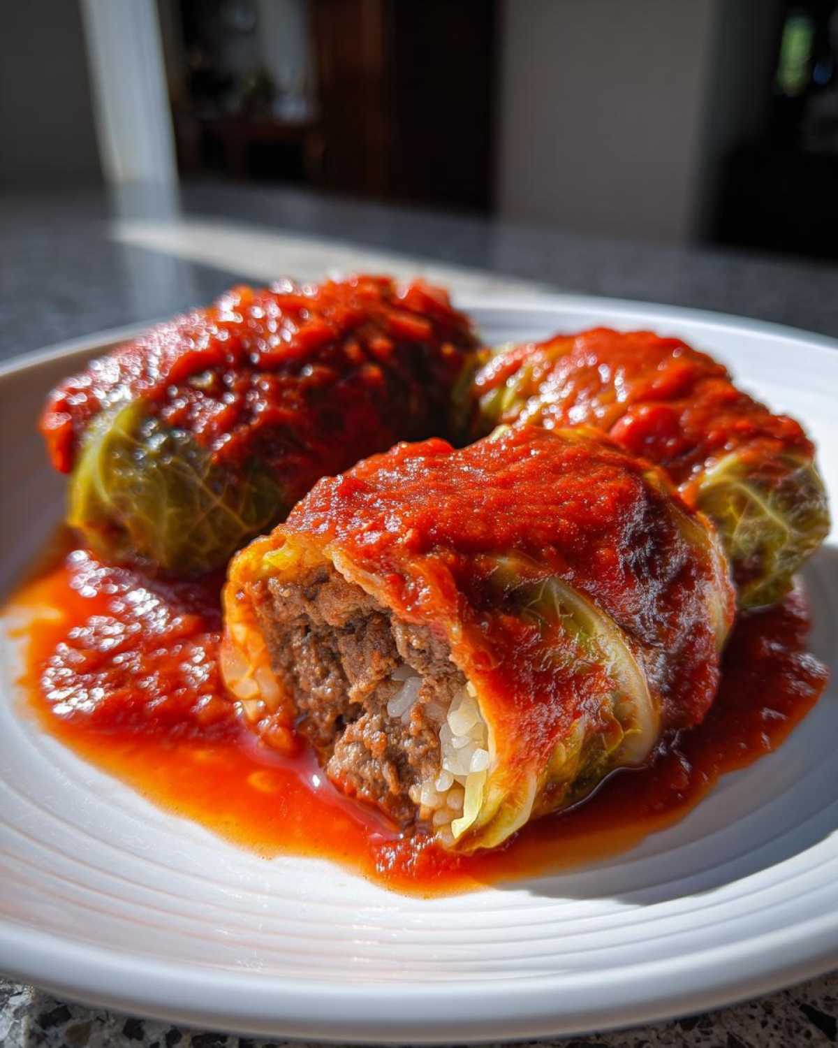 Three savory cabbage rolls smothered in bright red tomato sauce, one cut open to show the meat and rice filling.