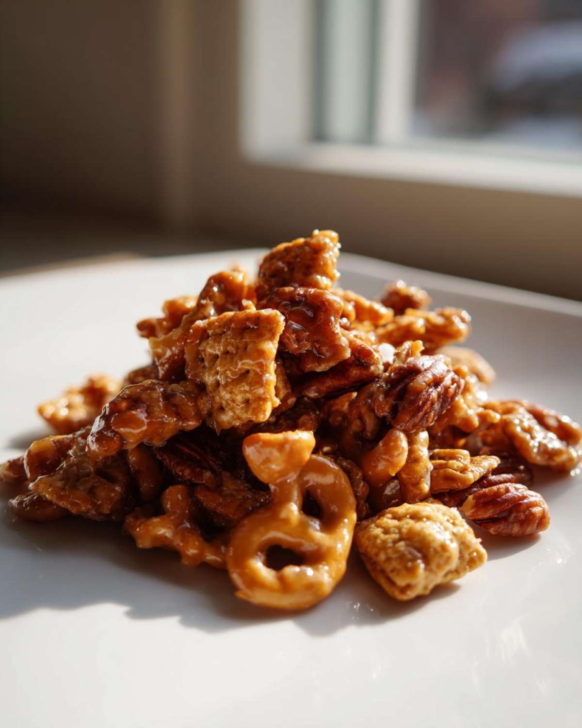 A close-up pile of shiny, glazed toffee chex mix recipe featuring pecans, Chex cereal, and pretzels.