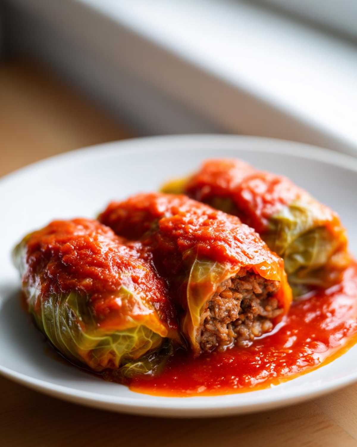 Three savory cabbage rolls stuffed with meat and rice, covered in rich tomato sauce, served on a white plate.