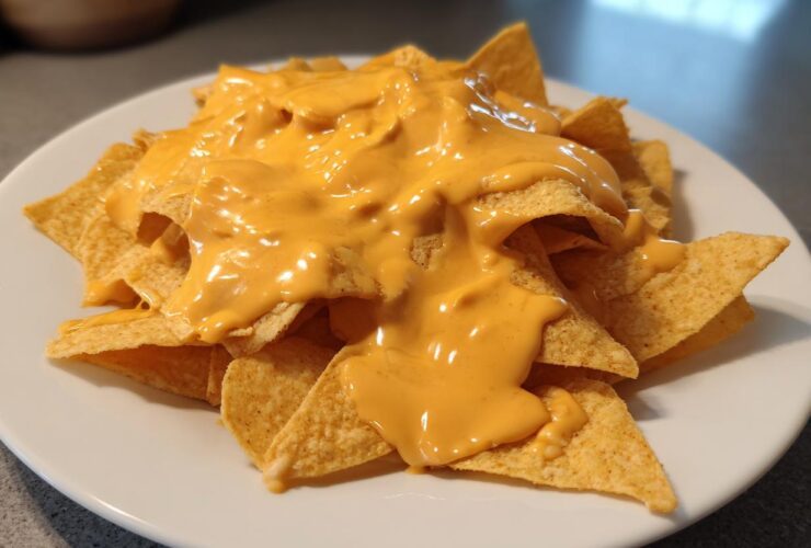 A white plate piled high with tortilla chips generously smothered in bright orange nacho cheese sauce.