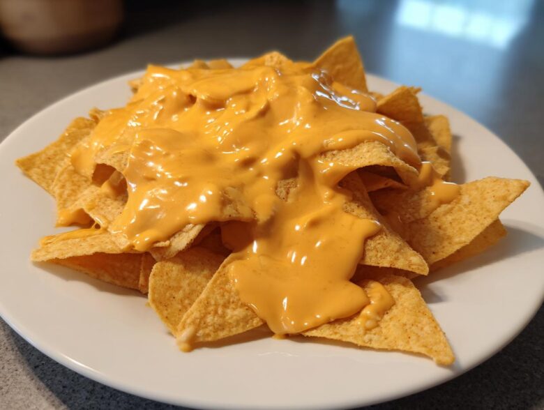 A white plate piled high with tortilla chips generously smothered in bright orange nacho cheese sauce.