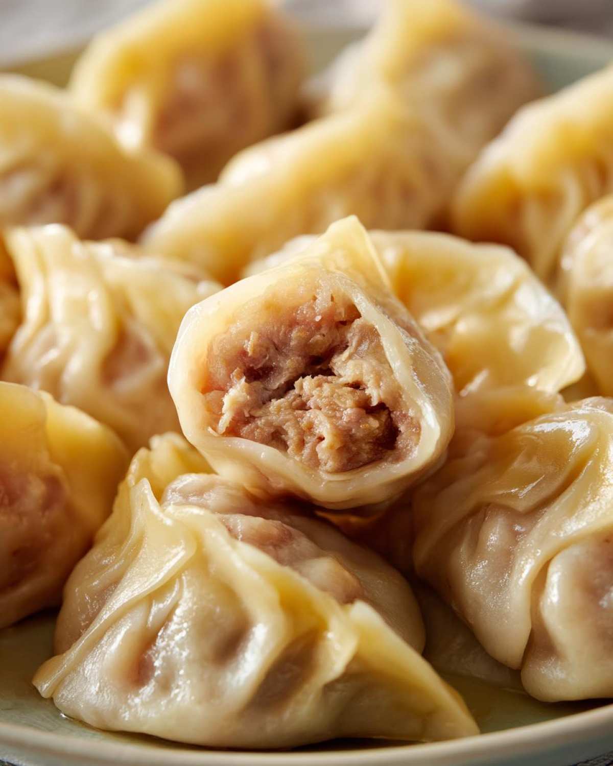 Close-up of steamed Traditional Chinese Dumplings, one cut open showing the savory meat filling.
