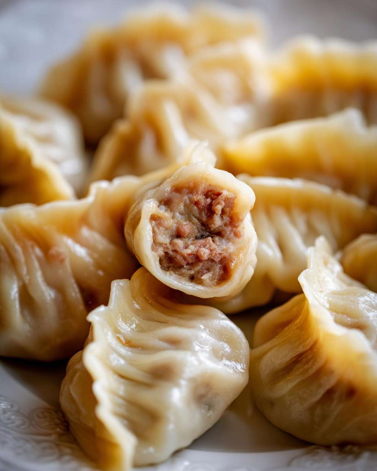 Close-up of steamed Traditional Chinese Dumplings, one cut open revealing savory ground meat filling.
