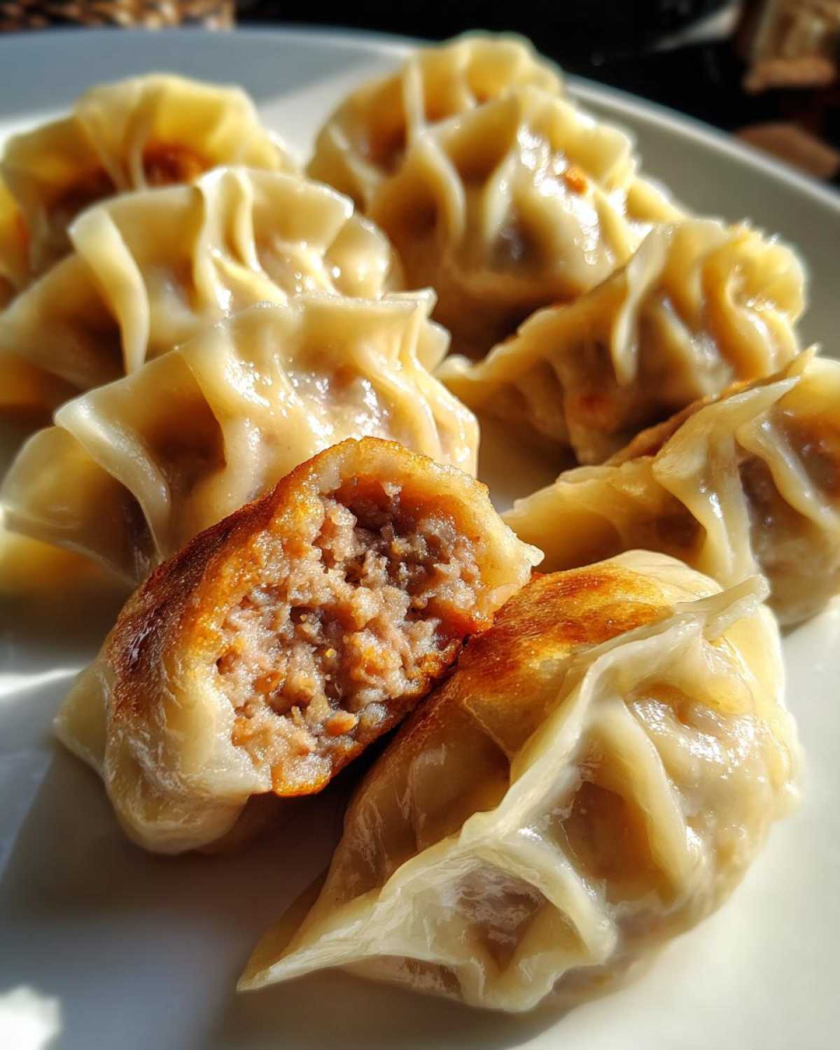 Close-up of several pan-fried Traditional Chinese Dumplings, one cut open to show the savory meat filling.