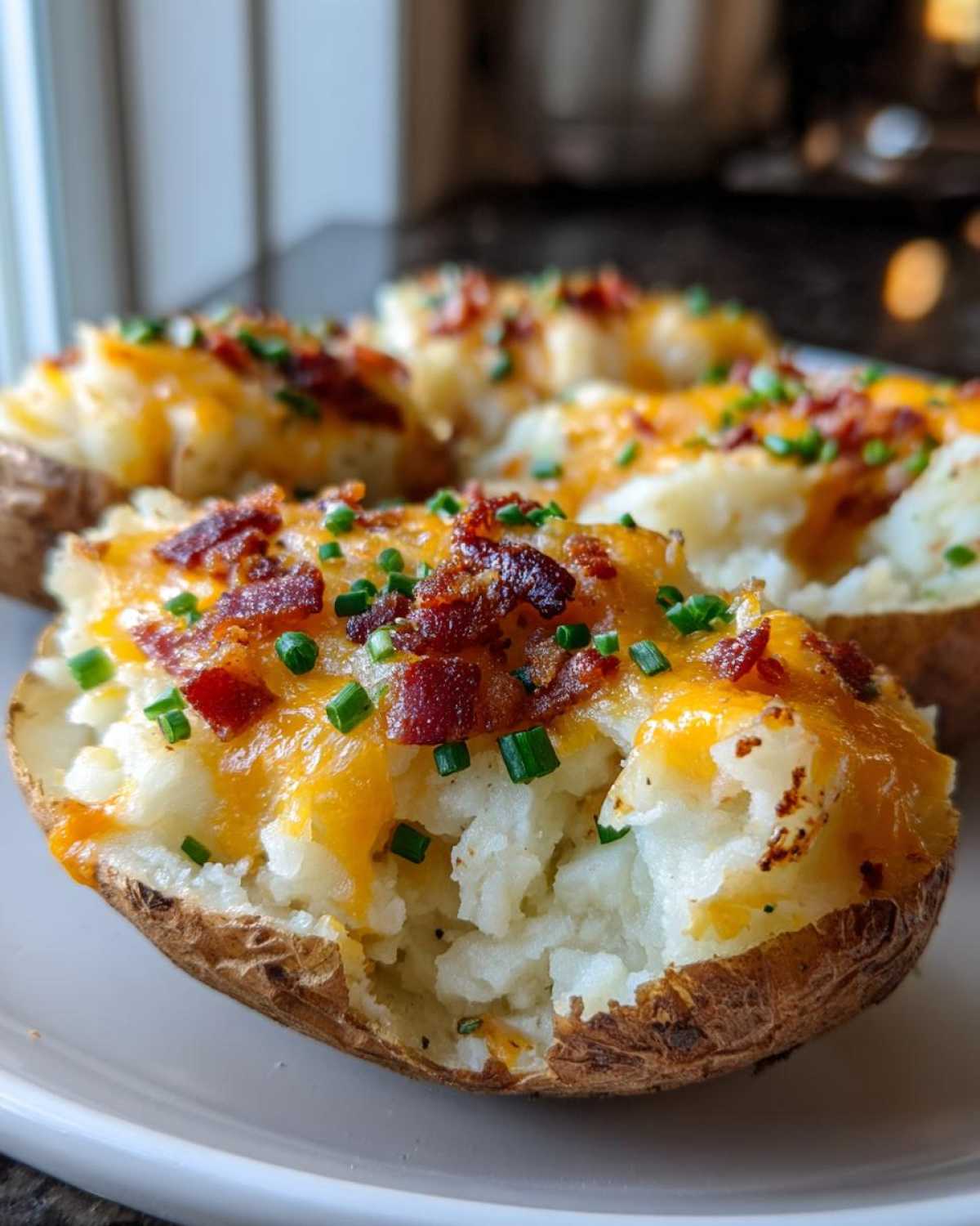 A close-up of delicious twice-baked potatoes topped with melted cheddar cheese, bacon bits, and fresh chives.