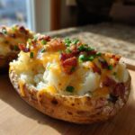 Close-up of a perfectly prepared twice-baked potato topped with melted cheddar cheese, bacon bits, and fresh chives.