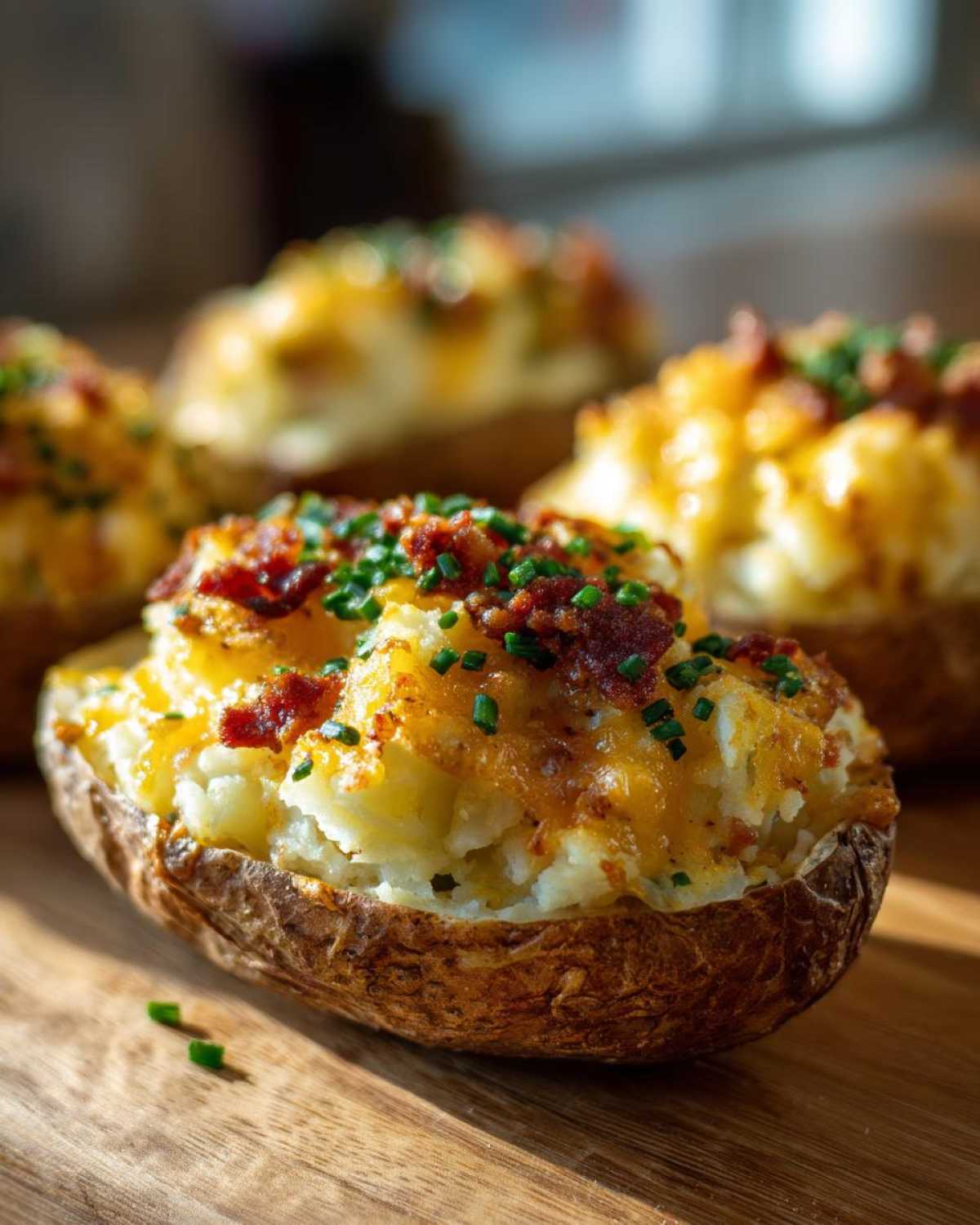 A close-up of a perfectly prepared twice-baked potato, topped with melted cheddar cheese, bacon bits, and fresh chives.