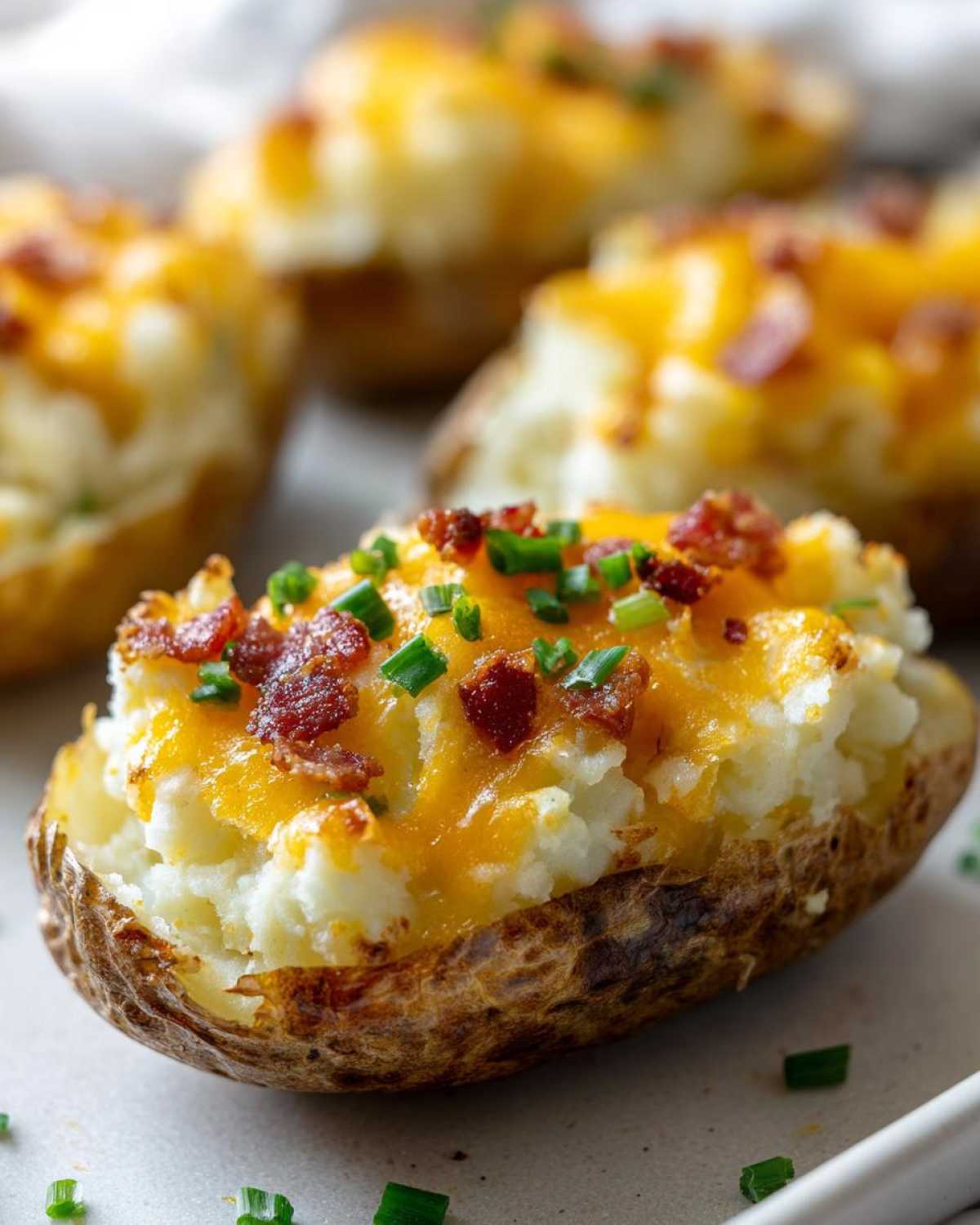 A close-up of a perfectly prepared twice-baked potato, topped with melted cheddar cheese, bacon bits, and fresh chives.