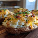Close-up of a perfectly baked twice-baked potatoes topped with melted cheddar cheese, bacon bits, and chives.