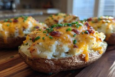 Close-up of a perfectly baked twice-baked potatoes topped with melted cheddar cheese, bacon bits, and chives.