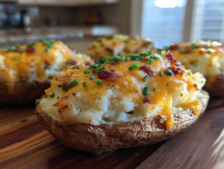 Close-up of a perfectly baked twice-baked potatoes topped with melted cheddar cheese, bacon bits, and chives.