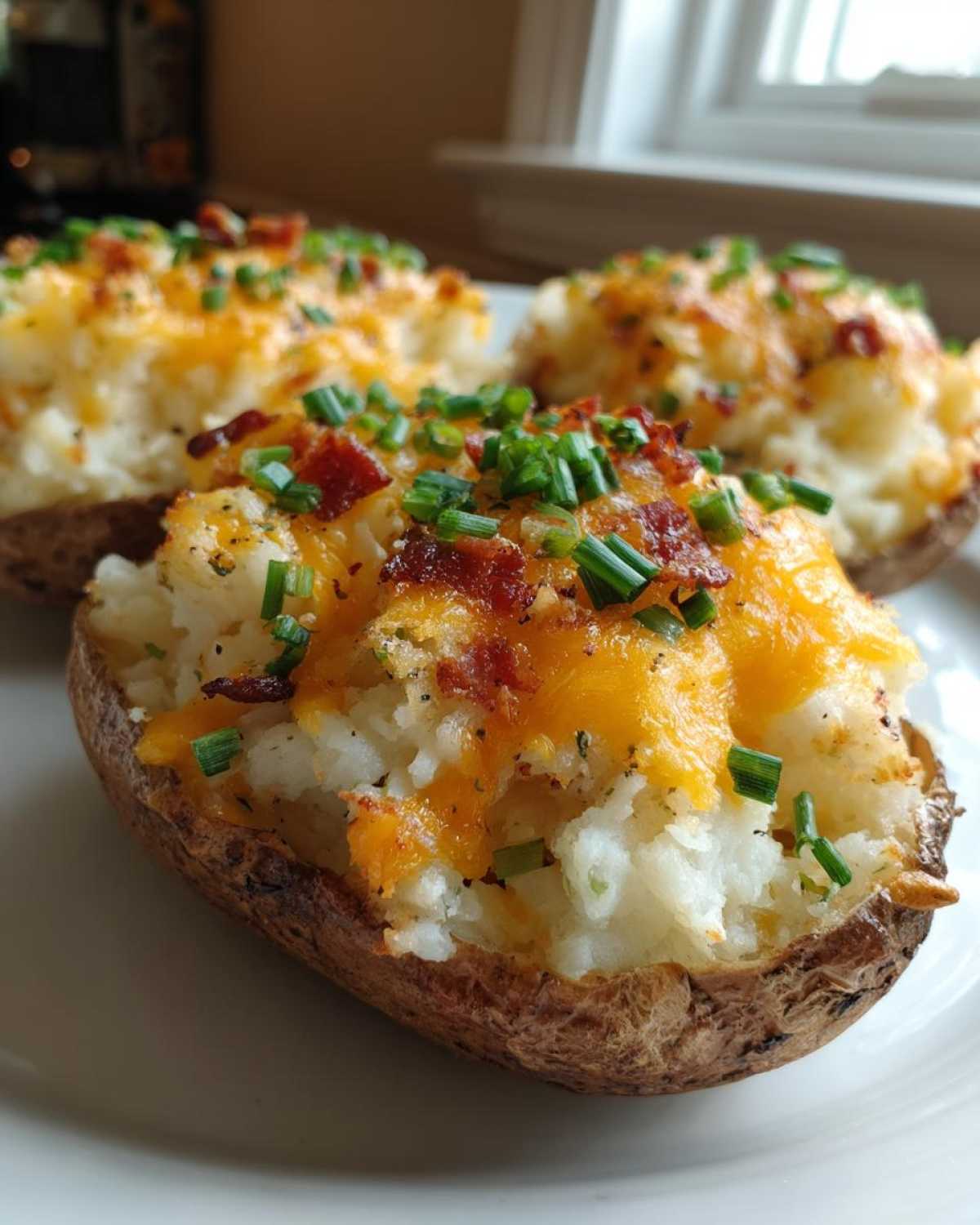 Close-up of three twice-baked potatoes stuffed with mashed potato, topped with melted cheddar cheese, bacon bits, and chives.