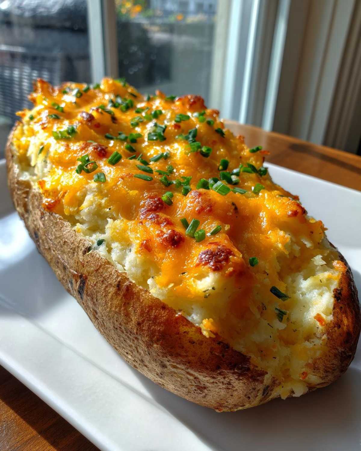 A single, perfectly prepared twice baked potato loaded with creamy filling, melted cheddar cheese, and chives.