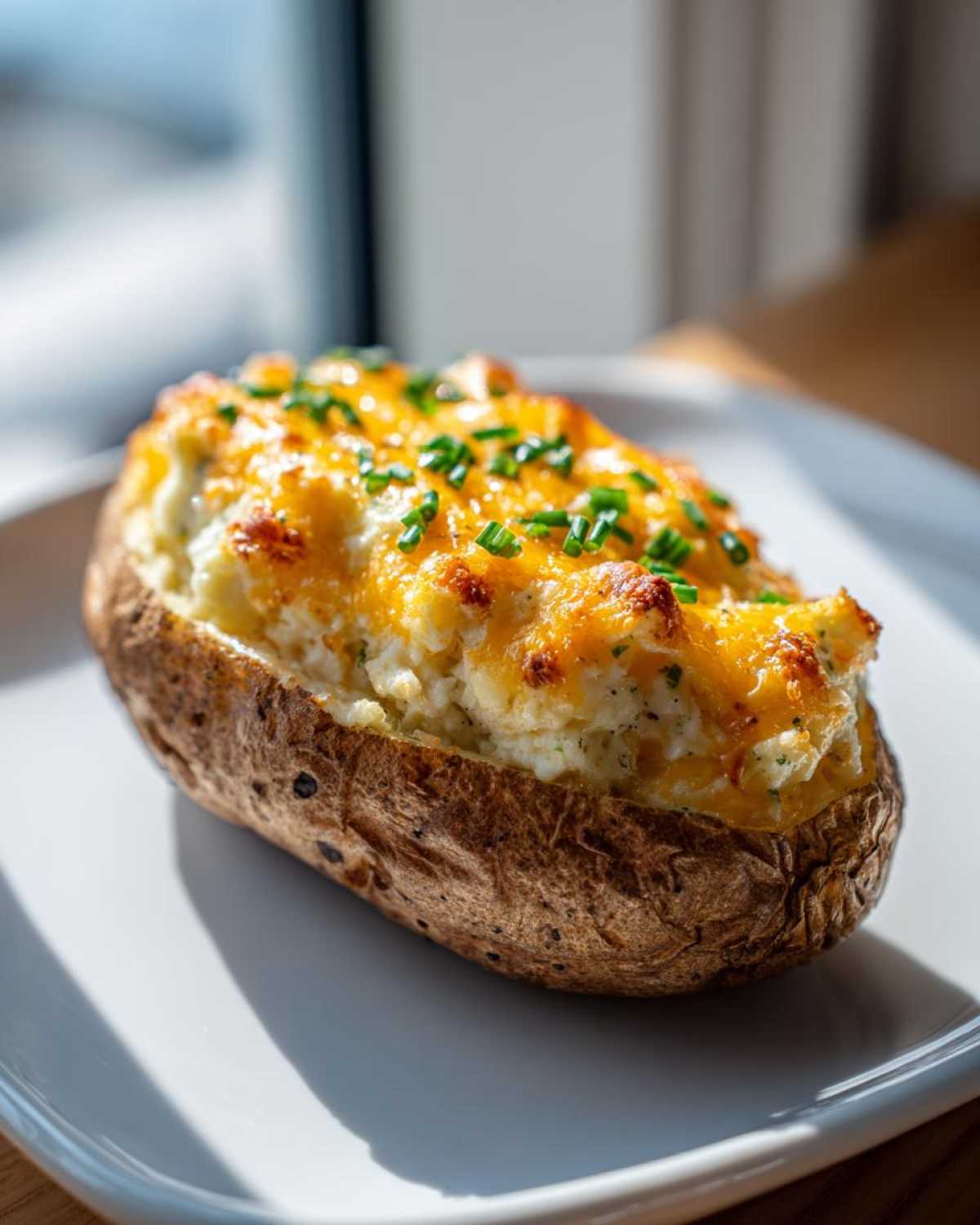 A single, perfectly baked twice baked potatoes topped with melted cheddar cheese and fresh chives.
