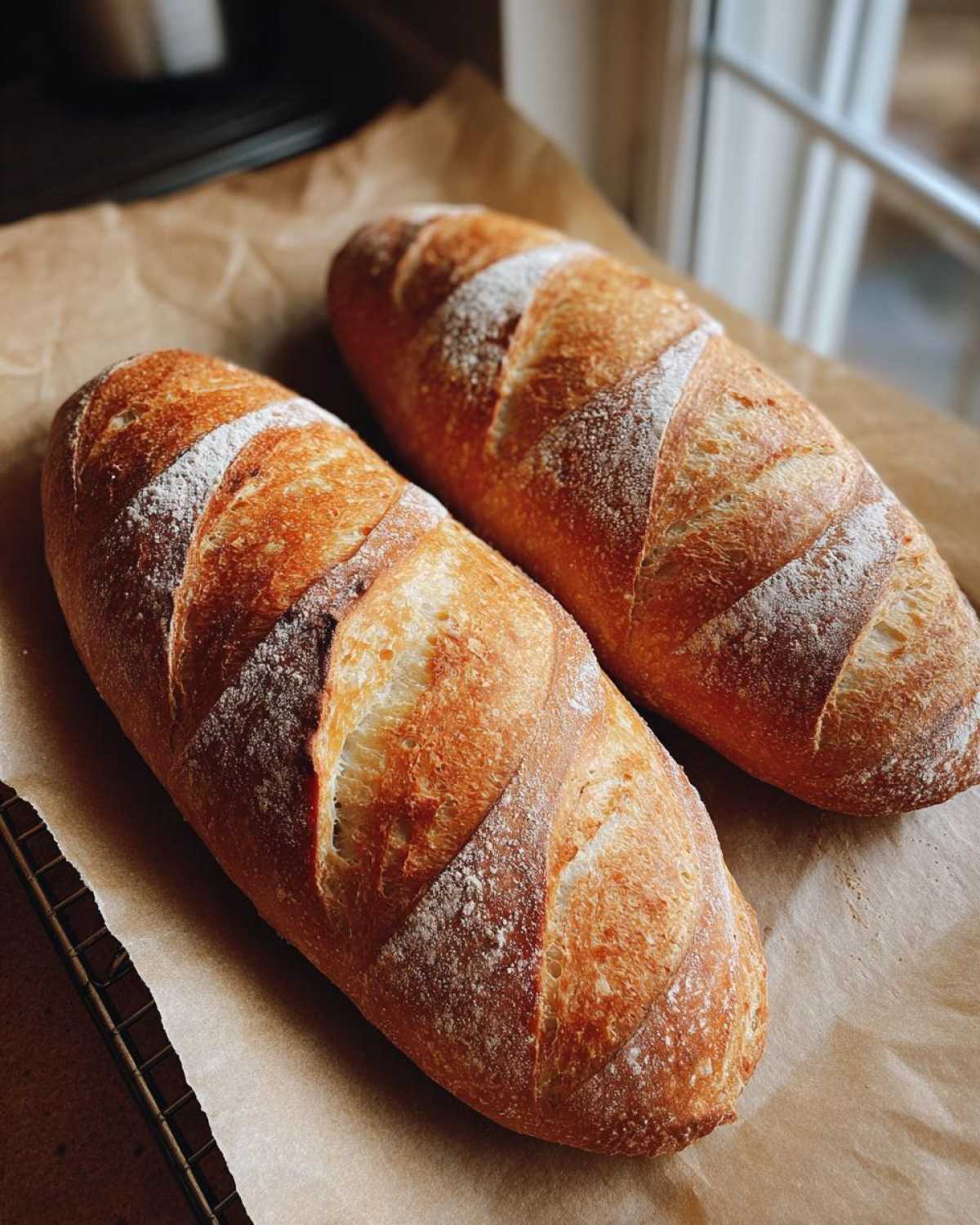 Two golden-brown, crusty loaves of freshly baked French bread dusted with flour, resting on parchment paper.