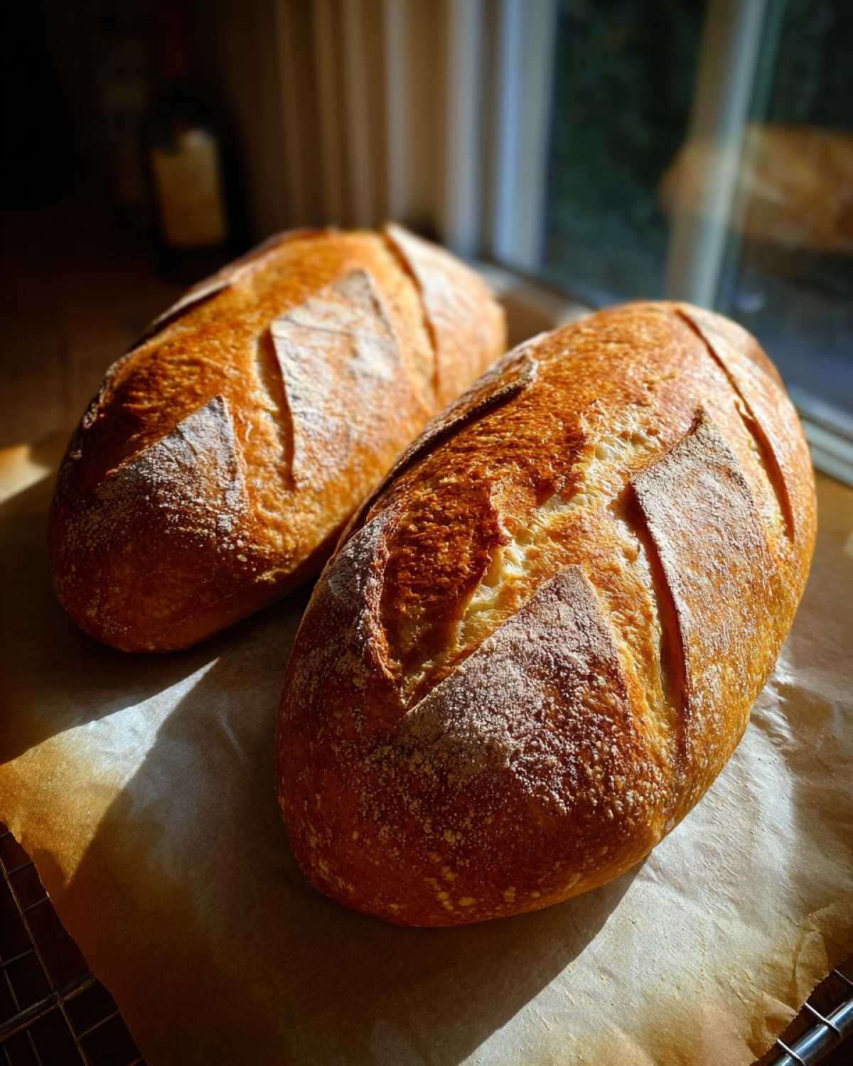 Two freshly baked loaves of crusty French bread resting on parchment paper with beautiful golden-brown scores.