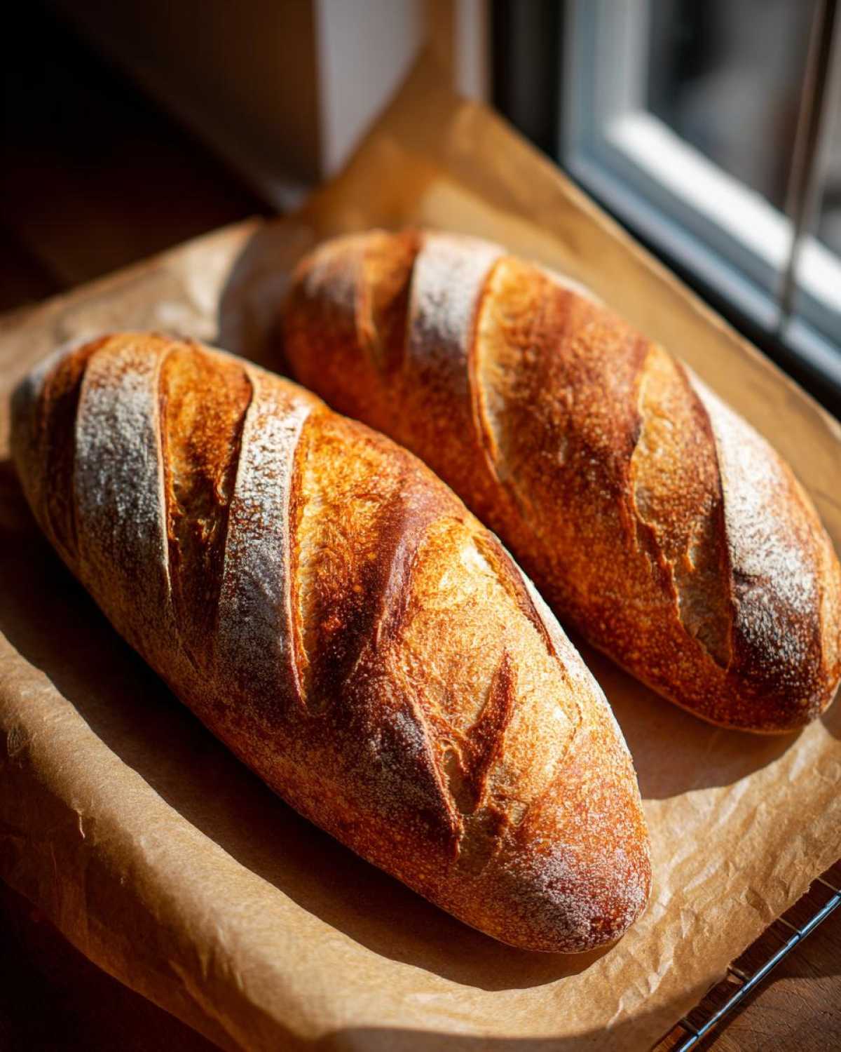 Two golden-brown loaves of freshly baked French bread resting on parchment paper near a window.
