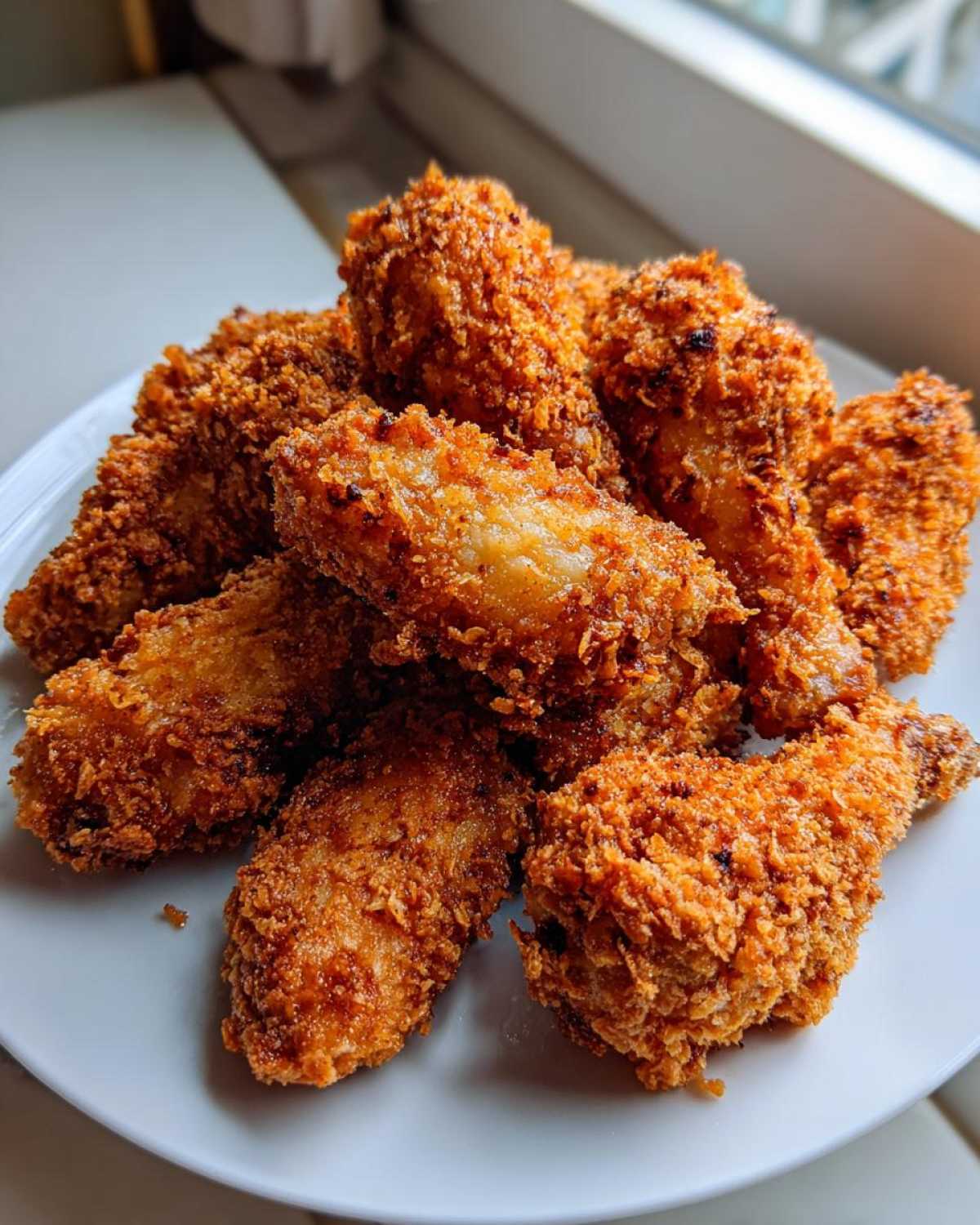 A pile of golden brown, extra crispy fried chicken wings coated in panko breadcrumbs on a white plate.