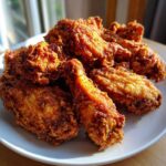 A close-up of a mound of perfectly golden-brown, crispy fried chicken wings piled high on a white plate.