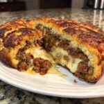 A cross-section of homemade garbage bread showing a rich, savory meat filling and melted, gooey cheese.