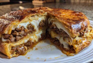 A cross-section view of the ultimate garbage bread, showing layers of seasoned ground meat and melted white cheese oozing out.