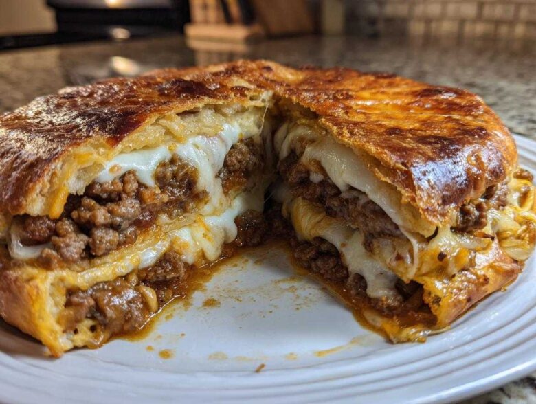 A cross-section view of the ultimate garbage bread, showing layers of seasoned ground meat and melted white cheese oozing out.