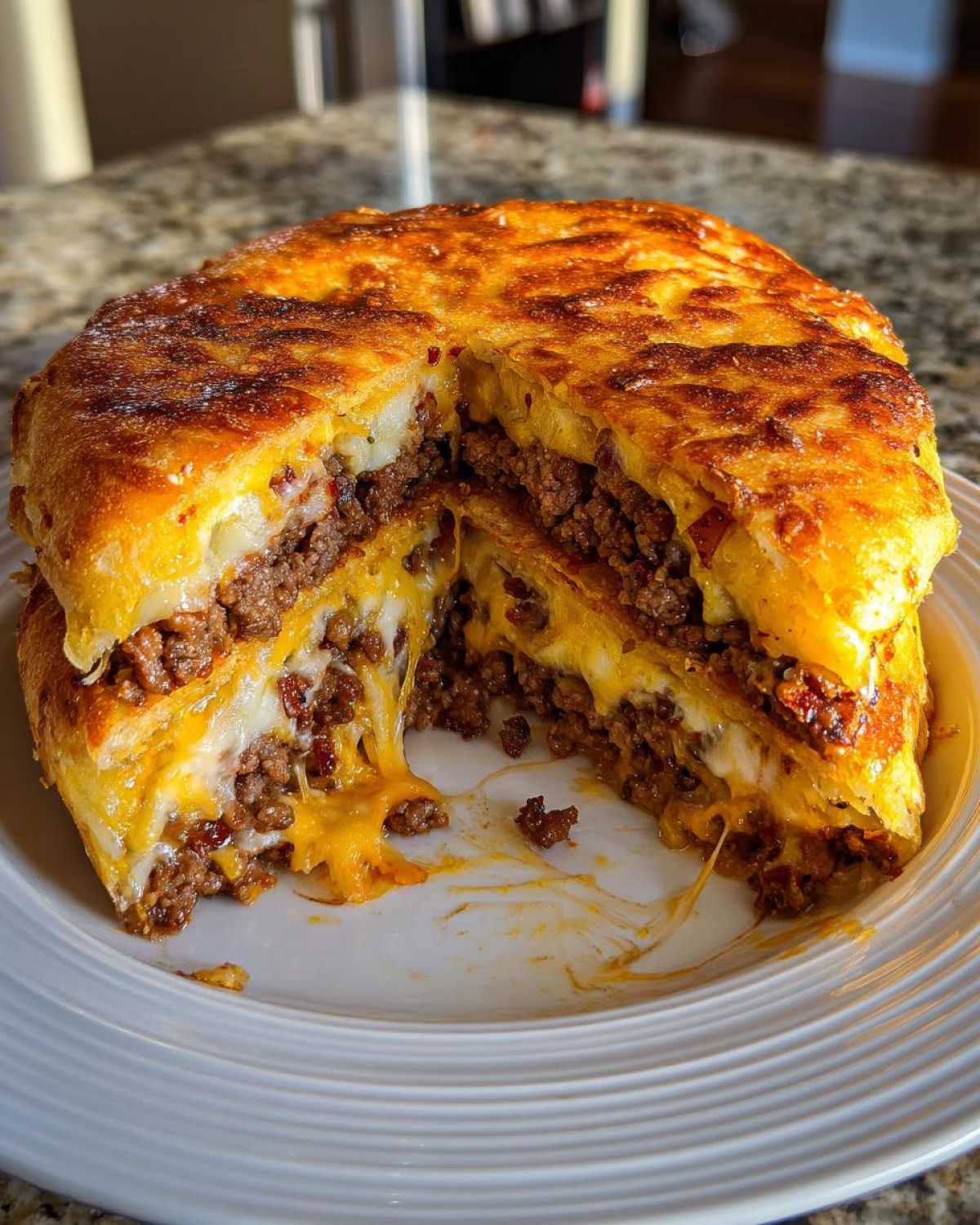 A cross-section of ultimate garbage bread, revealing layers of seasoned ground meat and melted cheese.