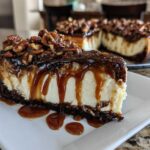 A decadent slice of turtle cheesecake featuring a thick layer of creamy filling, dripping caramel sauce, and toasted pecans.