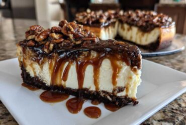 A decadent slice of turtle cheesecake featuring a thick layer of creamy filling, dripping caramel sauce, and toasted pecans.