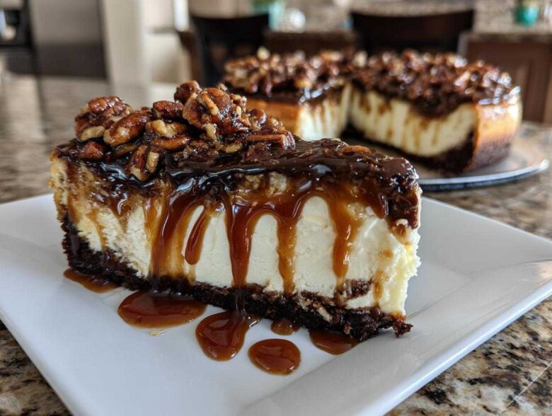 A decadent slice of turtle cheesecake featuring a thick layer of creamy filling, dripping caramel sauce, and toasted pecans.