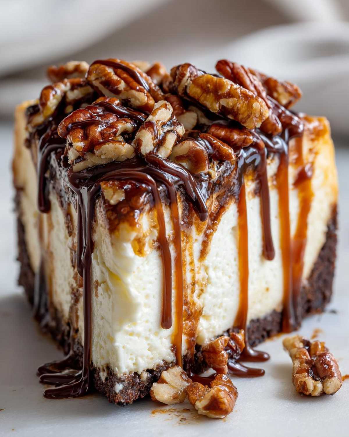 A decadent slice of ultimate turtle cheesecake topped with pecans, chocolate, and caramel drizzle.