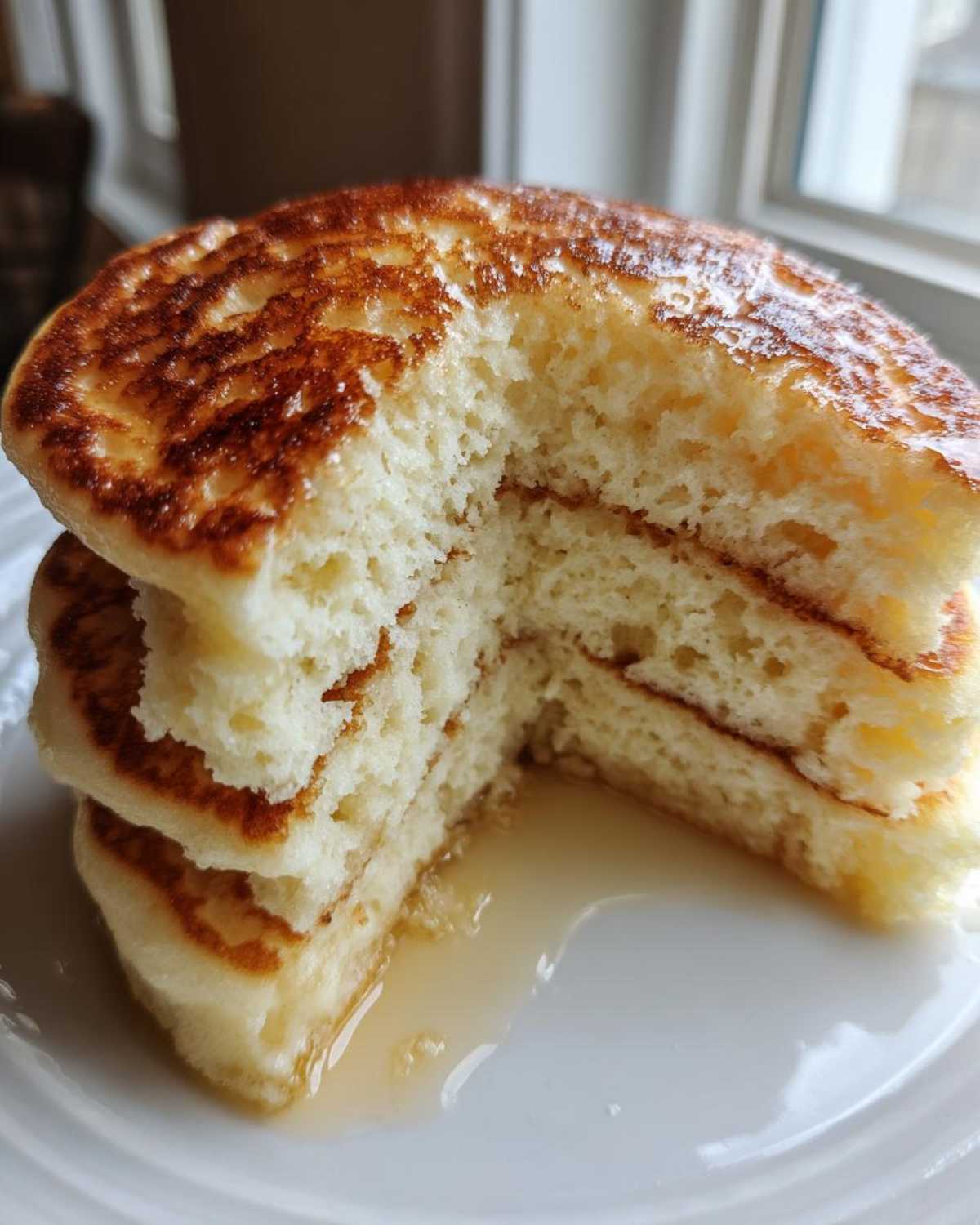 A close-up of a stack of three ultra fluffy pancakes cut open, showing the airy interior and drizzled with syrup.