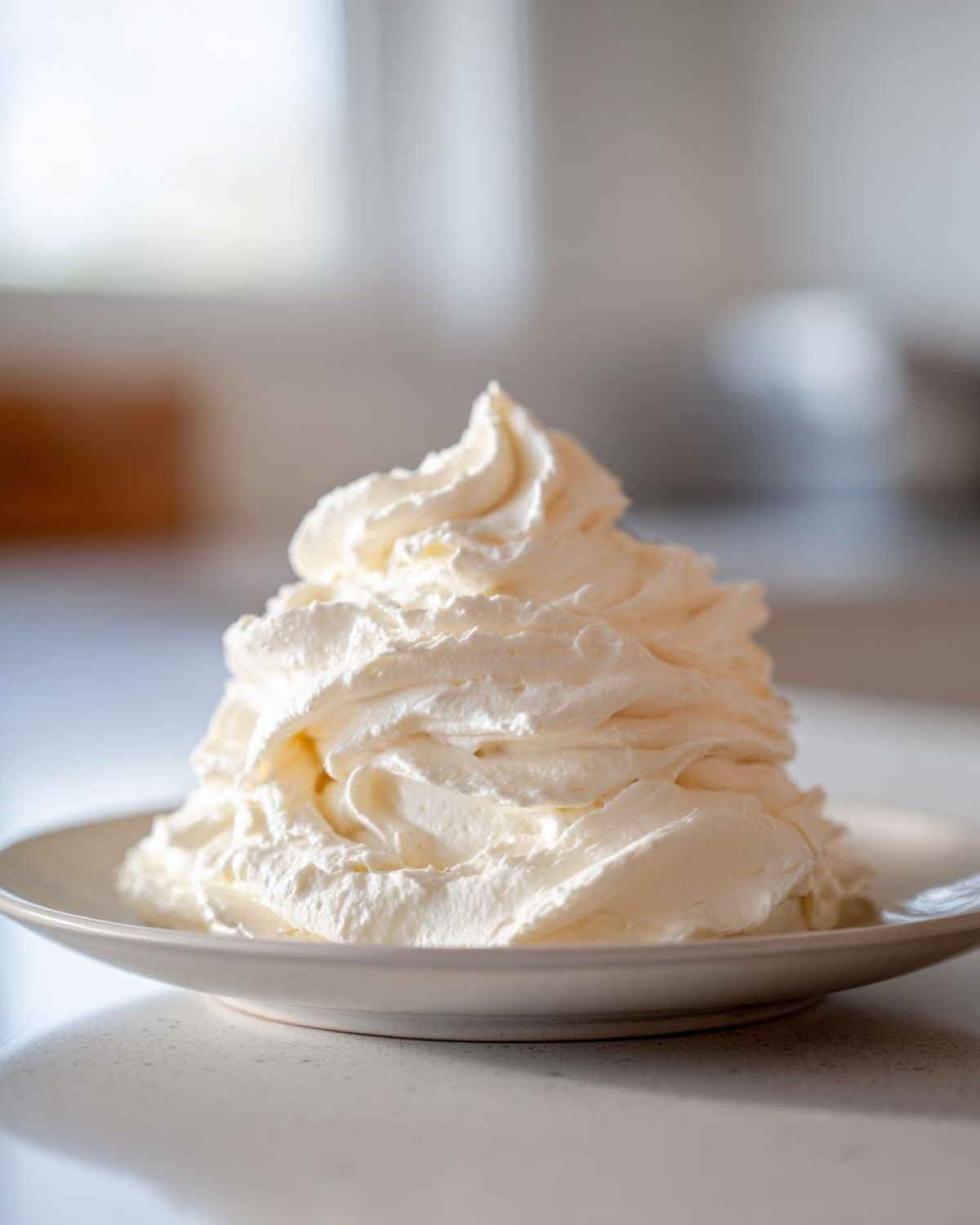A generous mound of fluffy, perfectly piped vanilla buttercream frosting sitting on a small white plate.