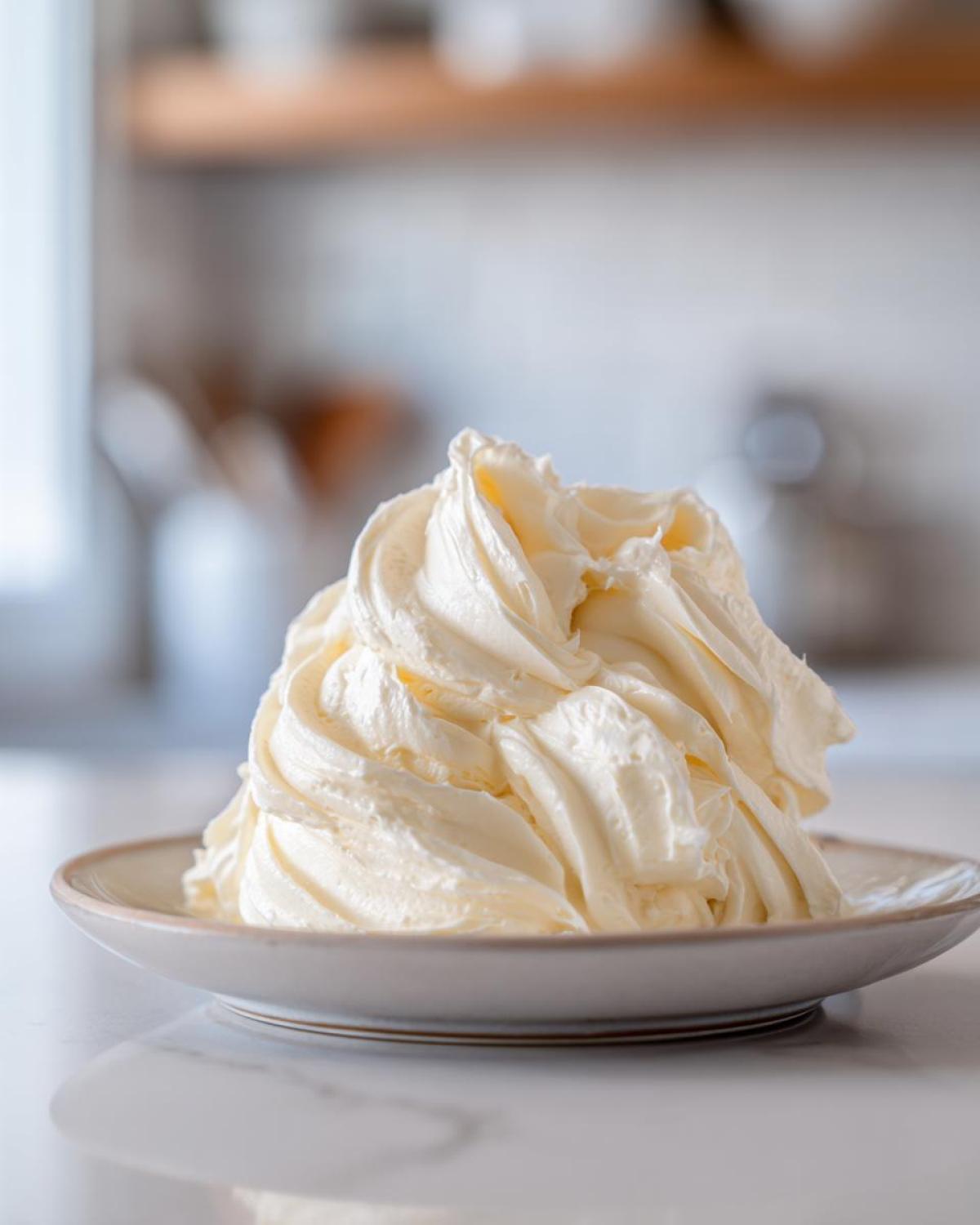A generous mound of perfectly piped, creamy vanilla buttercream frosting sitting on a small, light-colored plate.