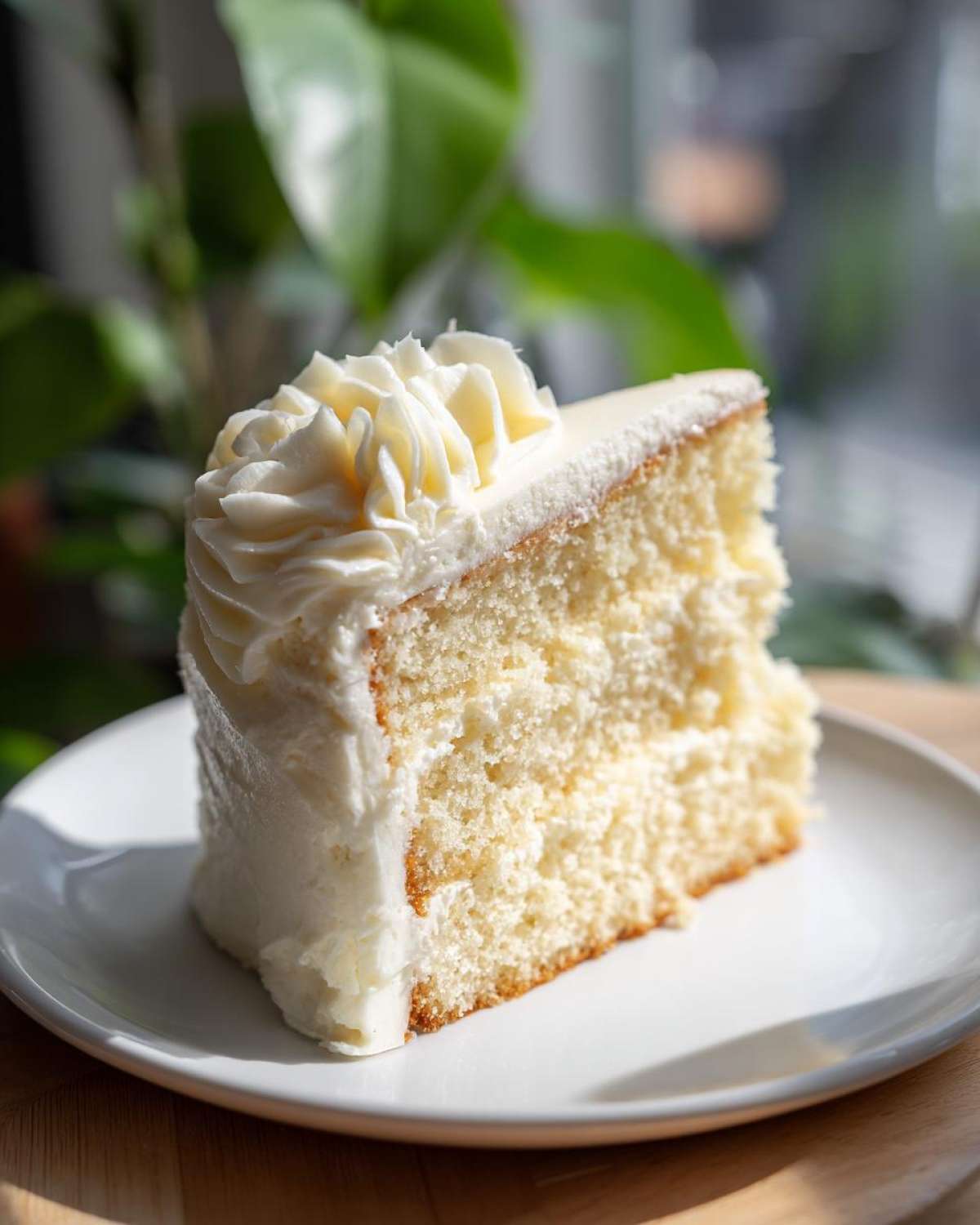 A perfect slice of moist vanilla cake recipe covered in thick white buttercream frosting, sitting on a white plate.