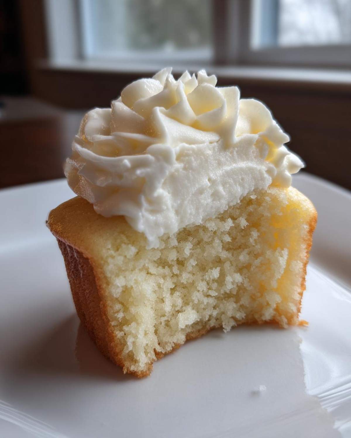 Close-up of a vanilla cupcakes half-eaten, showing the moist crumb and tall swirl of white frosting.