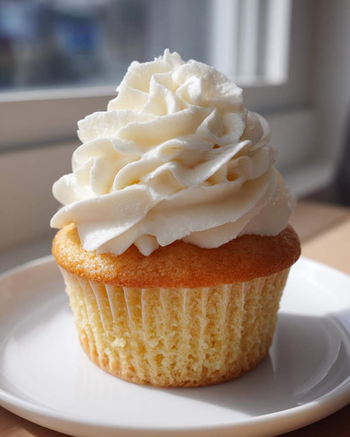 A close-up of a single, perfectly baked vanilla cupcake topped with a tall swirl of white buttercream frosting.