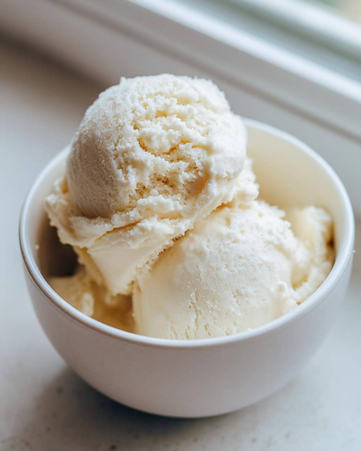Two scoops of creamy vanilla protein ice cream served in a small white bowl near a window.