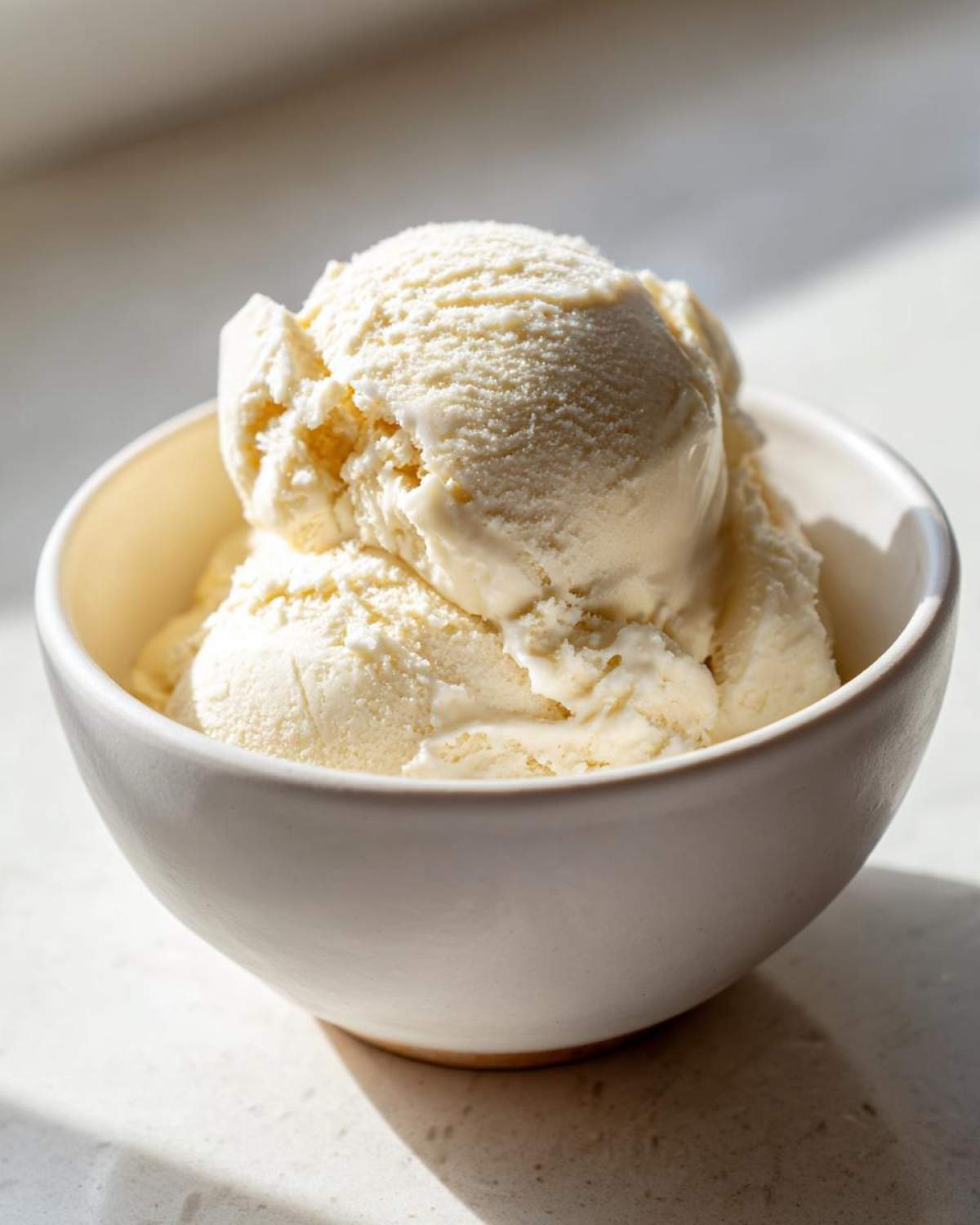 Close-up of creamy vanilla protein ice cream scoops served in a simple white bowl.