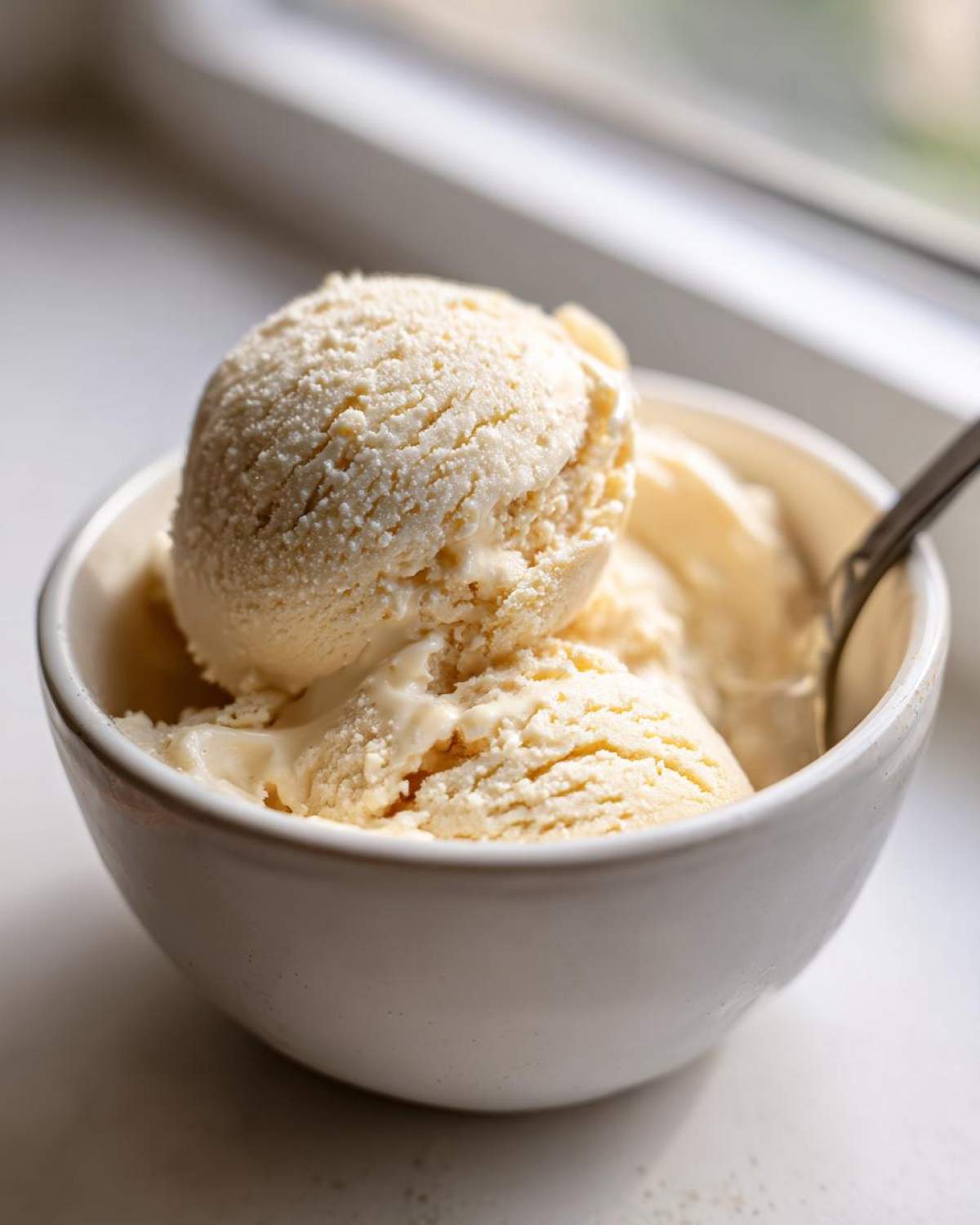 Close-up of creamy vanilla protein ice cream scoops in a white bowl, ready to eat.