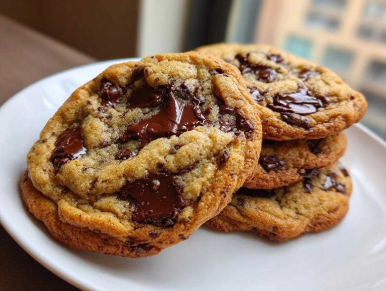 A stack of warm vegan chocolate chip cookies featuring gooey, melted chocolate chunks on a white plate.