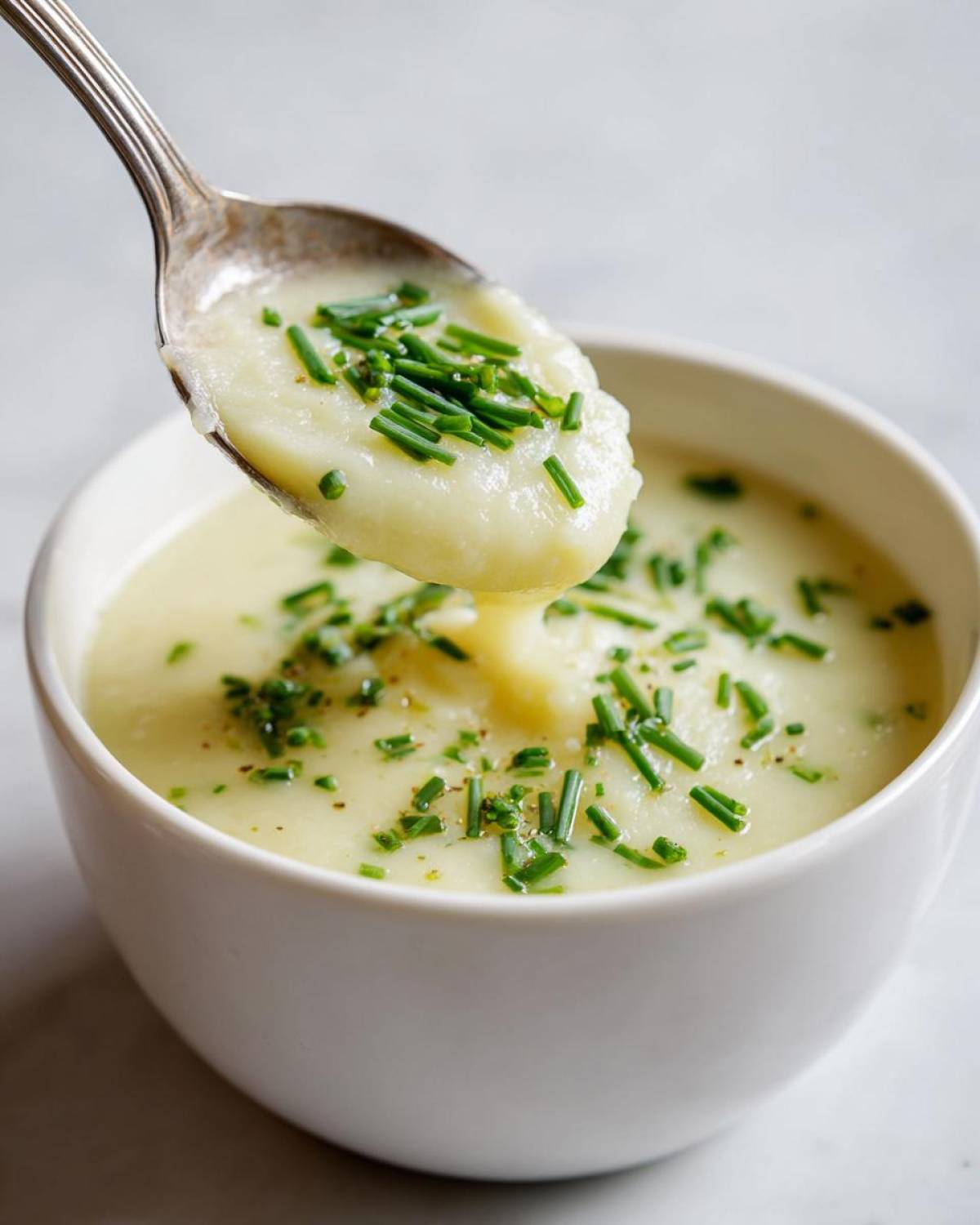 A spoonful of thick, velvety leek soup topped with fresh chives being lifted from a white bowl.