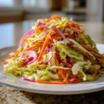 A close-up of a vibrant mound of crunchy cabbage salad featuring shredded green cabbage, carrots, and red onion slices.