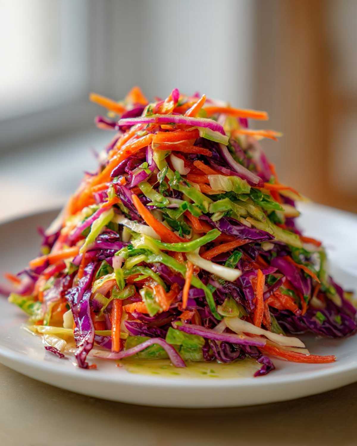 A tall mound of colorful, crunchy cabbage salad made with shredded red cabbage, green cabbage, and bright orange carrots.