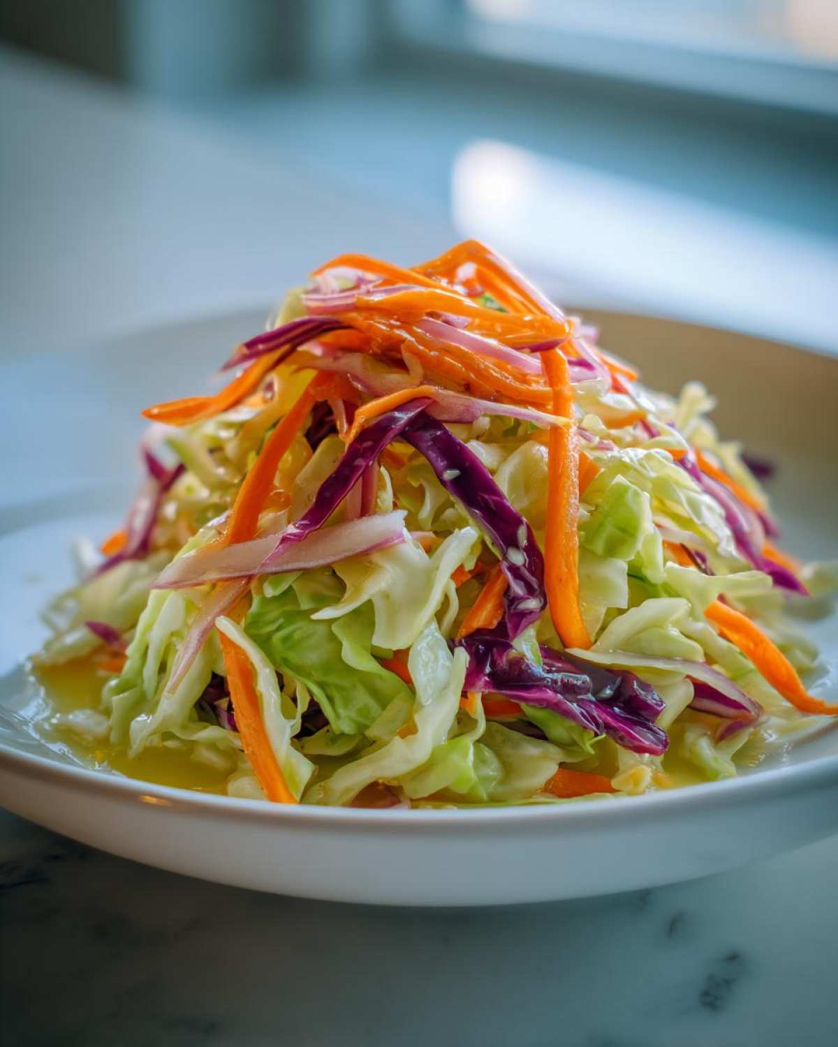 Close-up of a vibrant cabbage salad featuring shredded green cabbage, purple cabbage, carrots, and red onion.