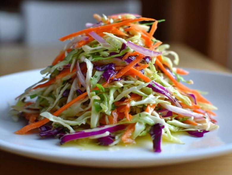 A tall mound of colorful, crunchy cabbage salad featuring shredded green cabbage, carrots, and red onion on a white plate.